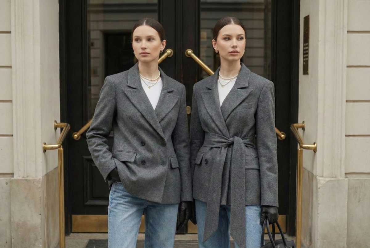 12 stylizacji z szarą dwurzędową marynarką