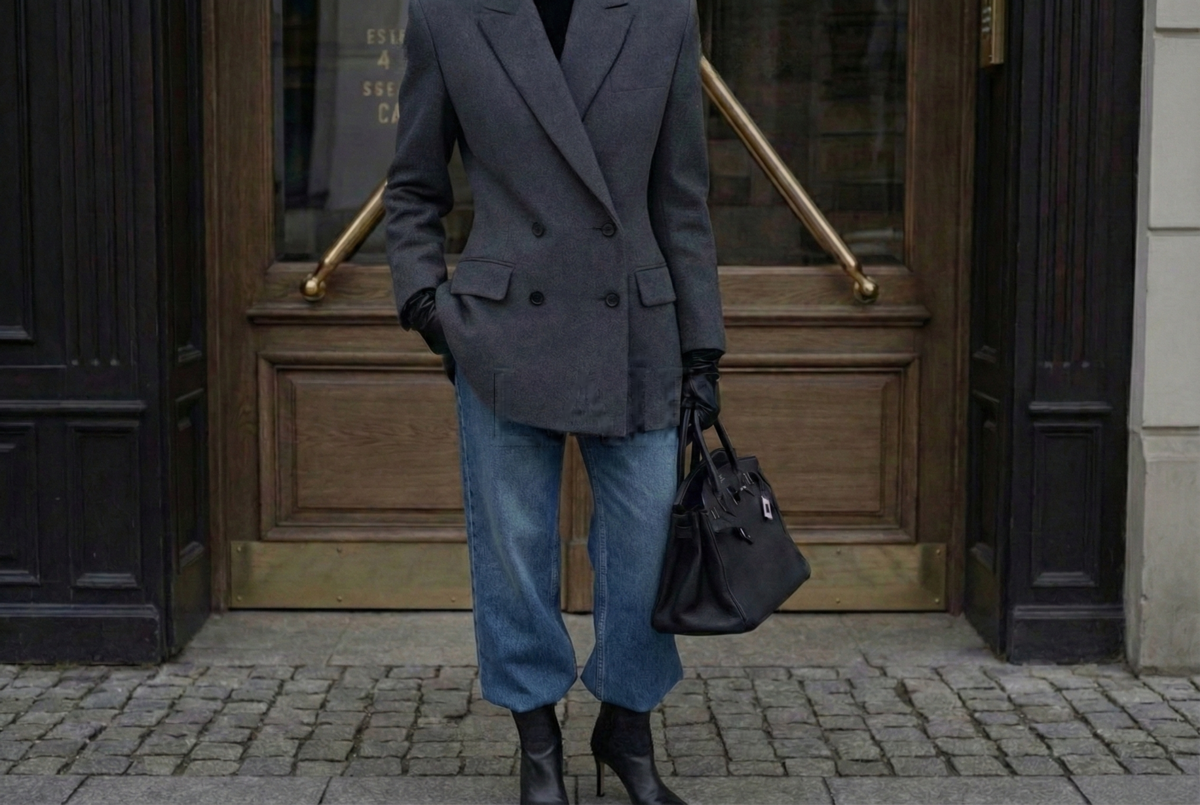 Stylizacje z elegancką szarą marynarką damską