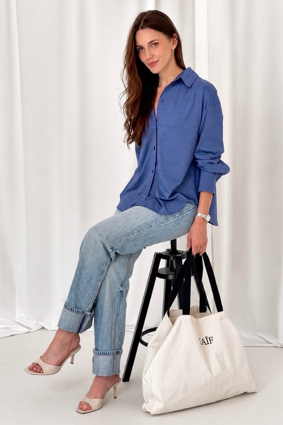 Elegancka dzianinowa koszula bawełniana damska oversize - Olga