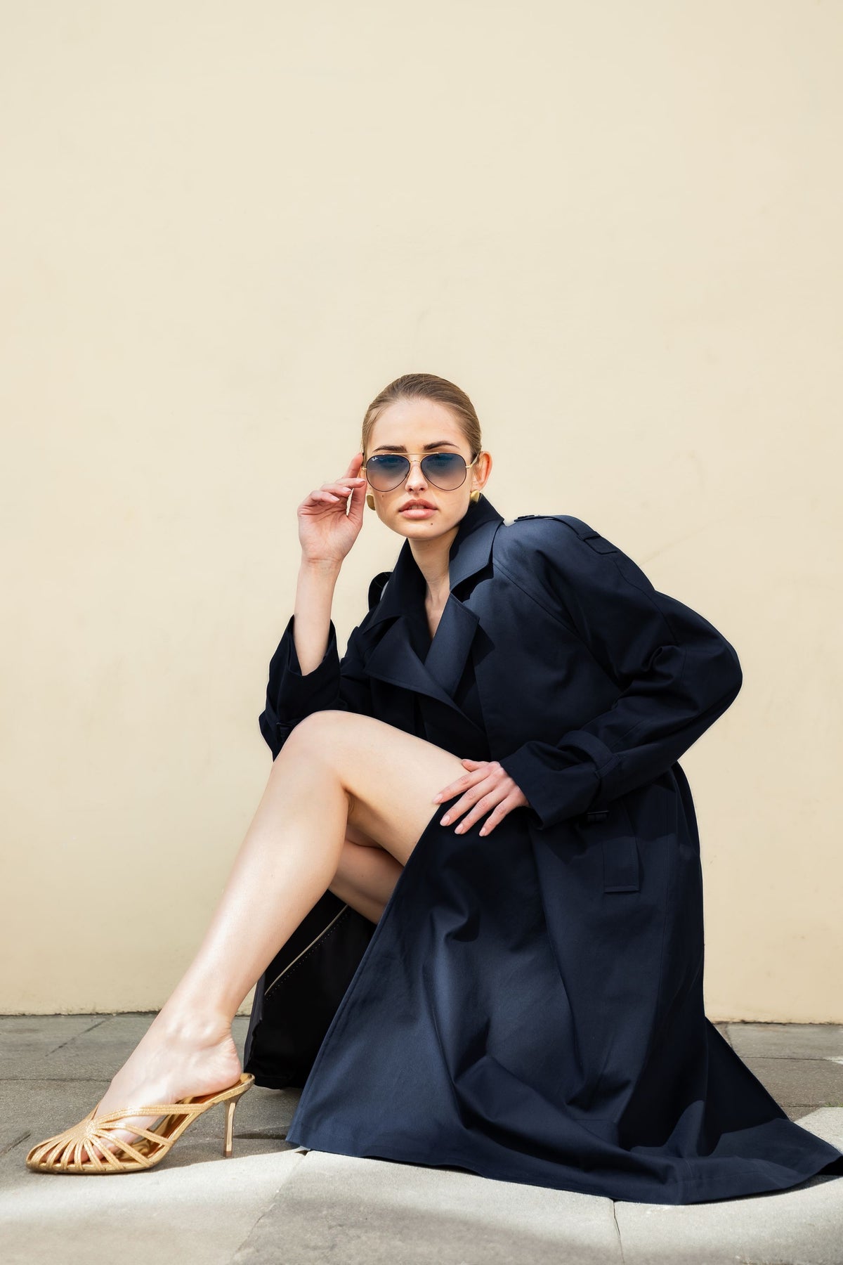 Trencz 02 Elegant Navy - Granatowy płaszcz damski