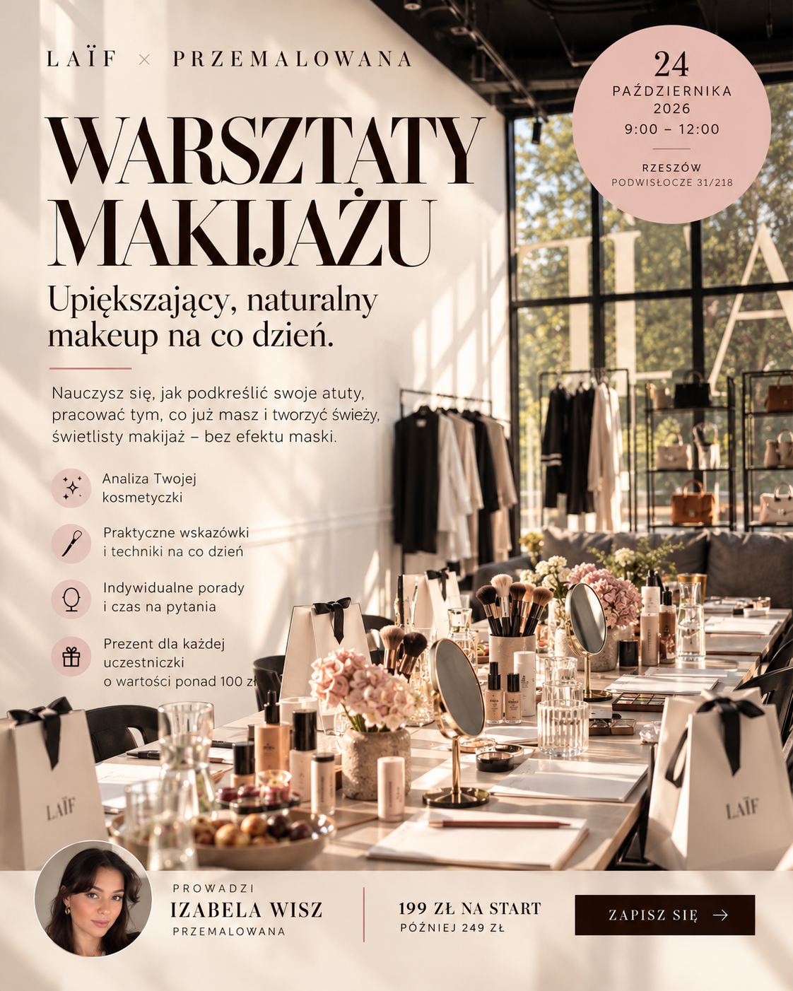 EVENT: Kurs - warsztat makijażu dziennego z @Przemalowana - Izabelą Wisz w LAÏF
