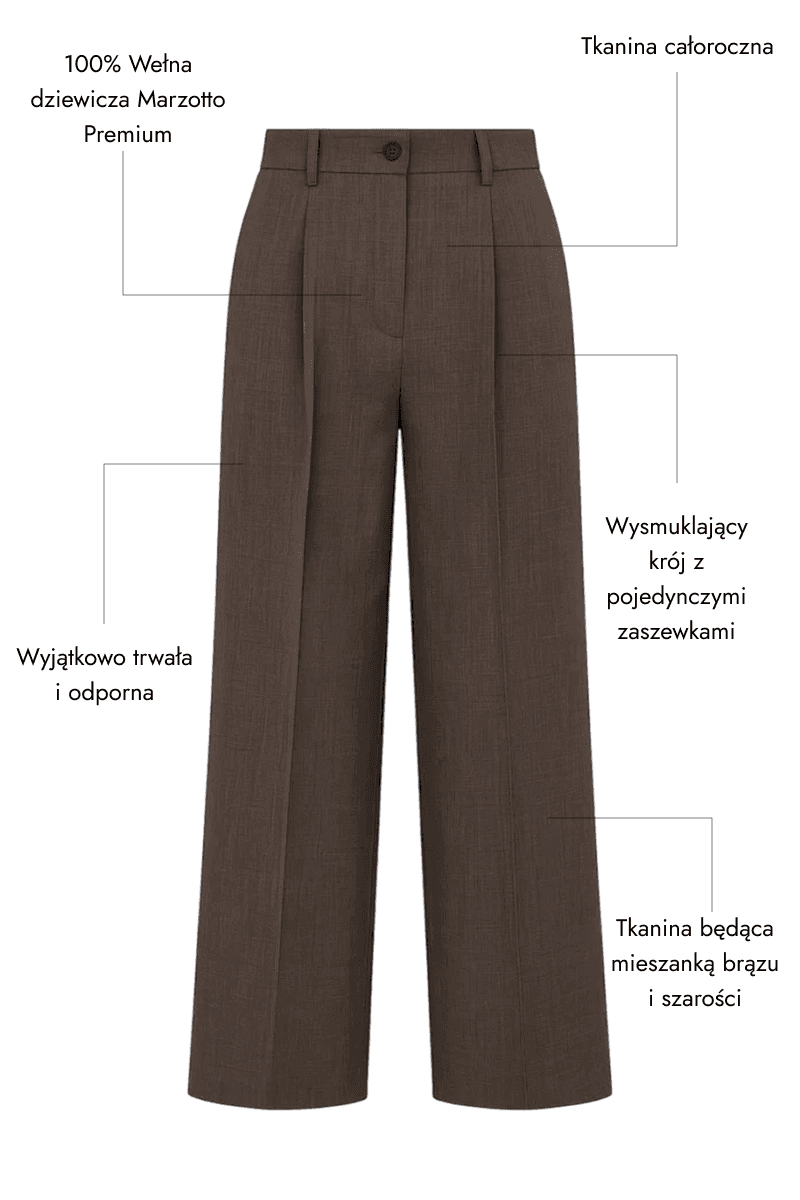 Brązowe spodnie damskie z kantem w 100% z wełny - tkanina całoroczna, 100% wełna dziewicza Marzotto Premium, wyjatkowo trwała i odporna, wysmuklacjący krój z pojedynczymi zaszewkami, tkanina będąca mieszkanką brązu i szarości 