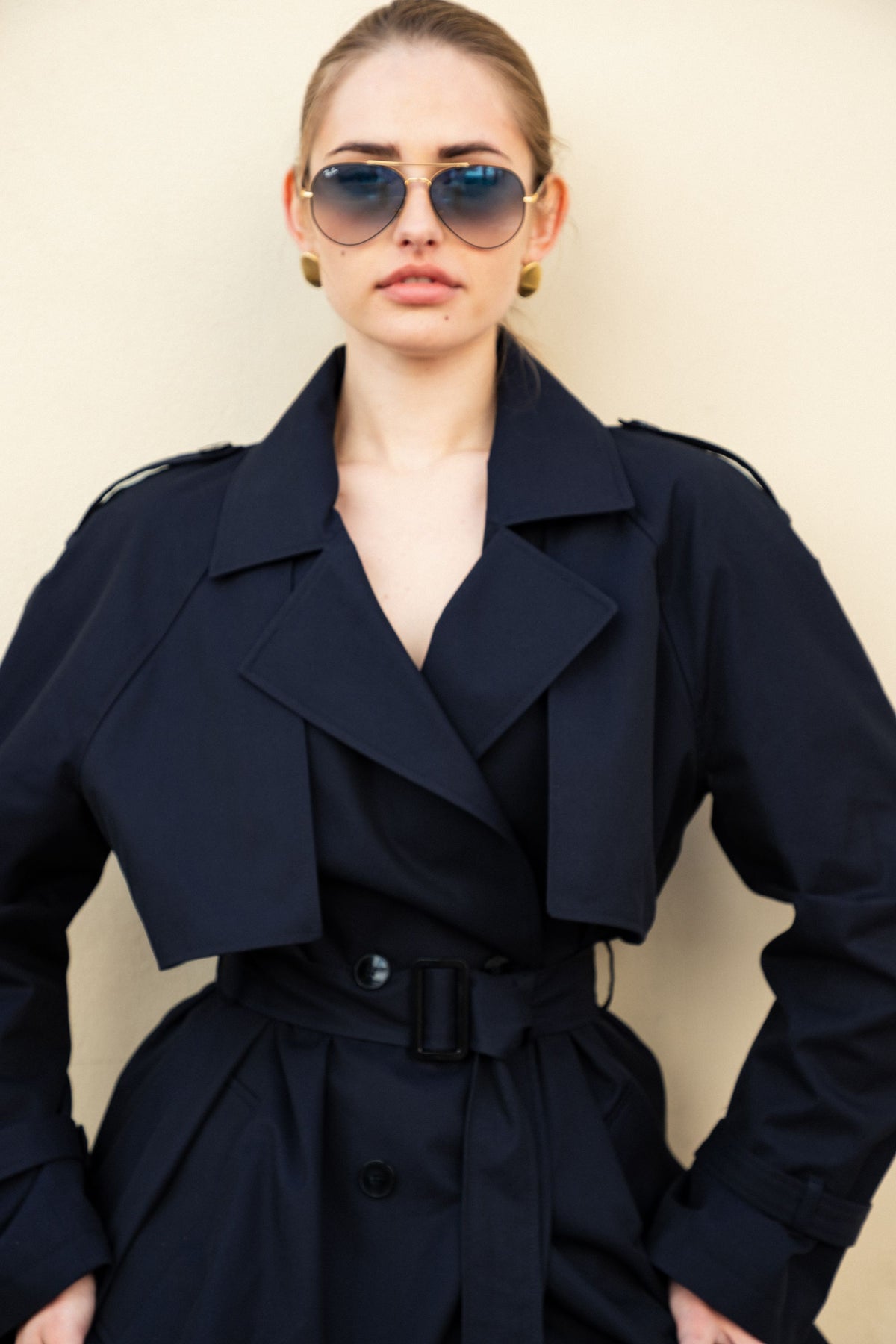 Trencz 02 Elegant Navy - Granatowy płaszcz damski