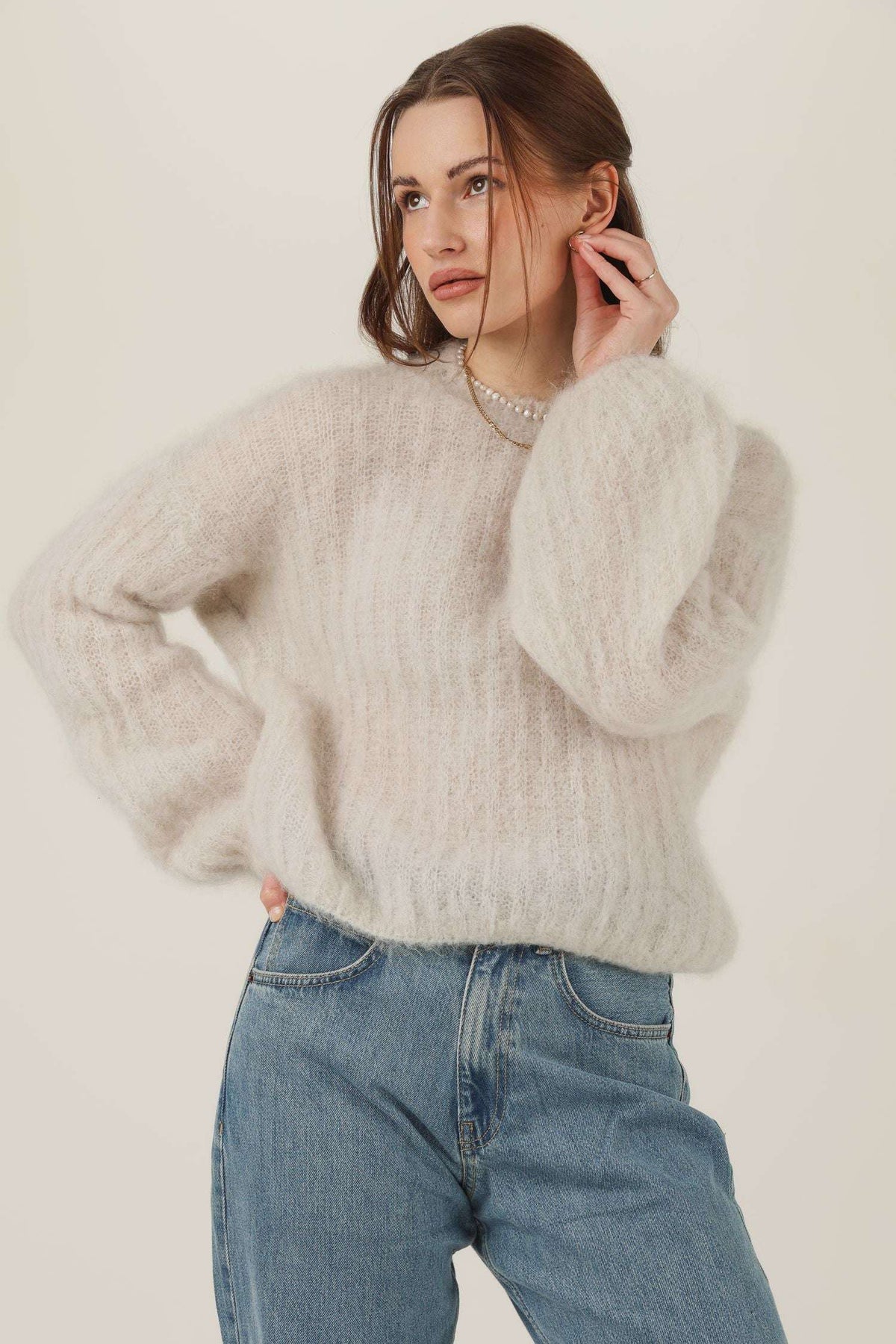 Sweter moherowy Tender krem granat taupe